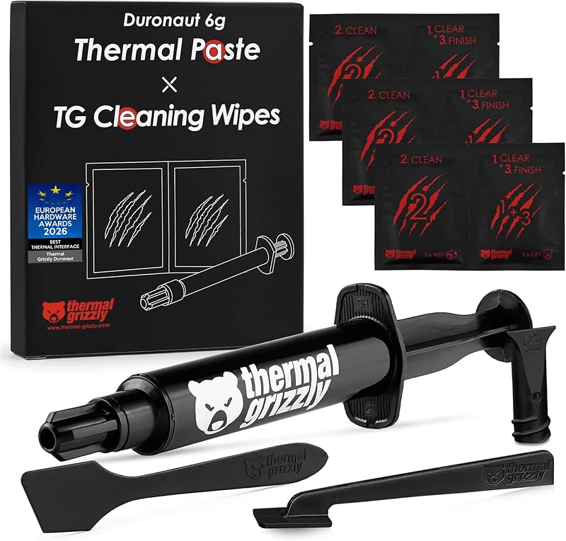 Thermal Grizzly - Duronaut - 6 Gram - Enhanced Durability & High Performance Thermal Paste - for Maximum Conductivity While Overclocking CPU/GPU/PS4/PS5/Xbox with 12 Cleaning Wipes 6 Wet & 6 Dry