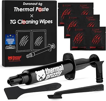 Thermal Grizzly - Duronaut - 6 Gram - Enhanced Durability & High Performance Thermal Paste - for Maximum Conductivity While Overclocking CPU/GPU/PS4/PS5/Xbox with 12 Cleaning Wipes 6 Wet & 6 Dry