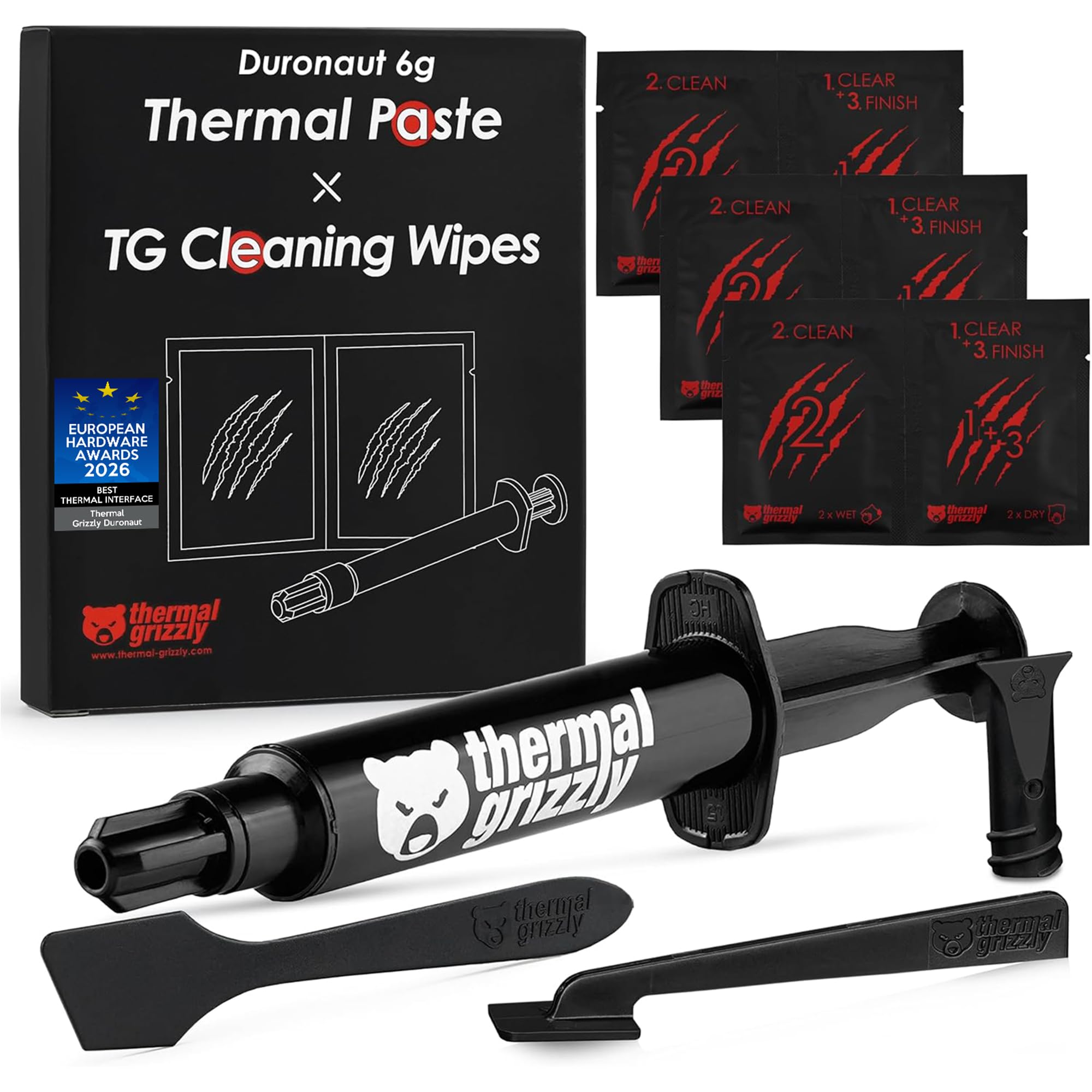 Thermal Grizzly Duronaut – 6 g – Durabilité améliorée et pâte thermique haute performance – pour une conductivité maximale lors de l'overclocking CPU/GPU/PS4/PS5/Xbox avec 12 lingettes nettoyantes, 6