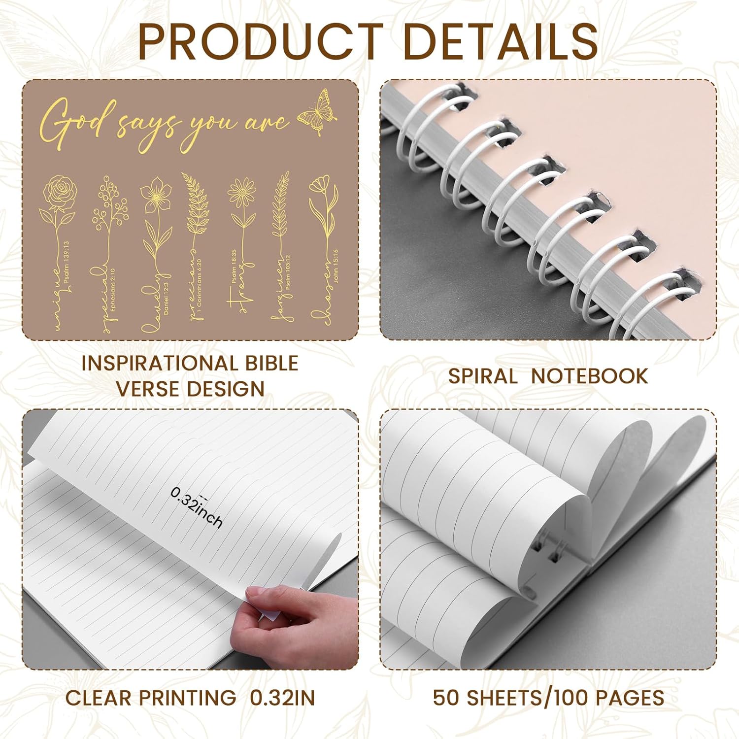 MotiMind 24 Pcs Floral Christian Spiral Notebook Set Christian Gifts for Women God Says You Are Bible Verse Inspirational Prayer Journal with Gold Foil Cover for Church 5.5" x 8.3" (Morandi)