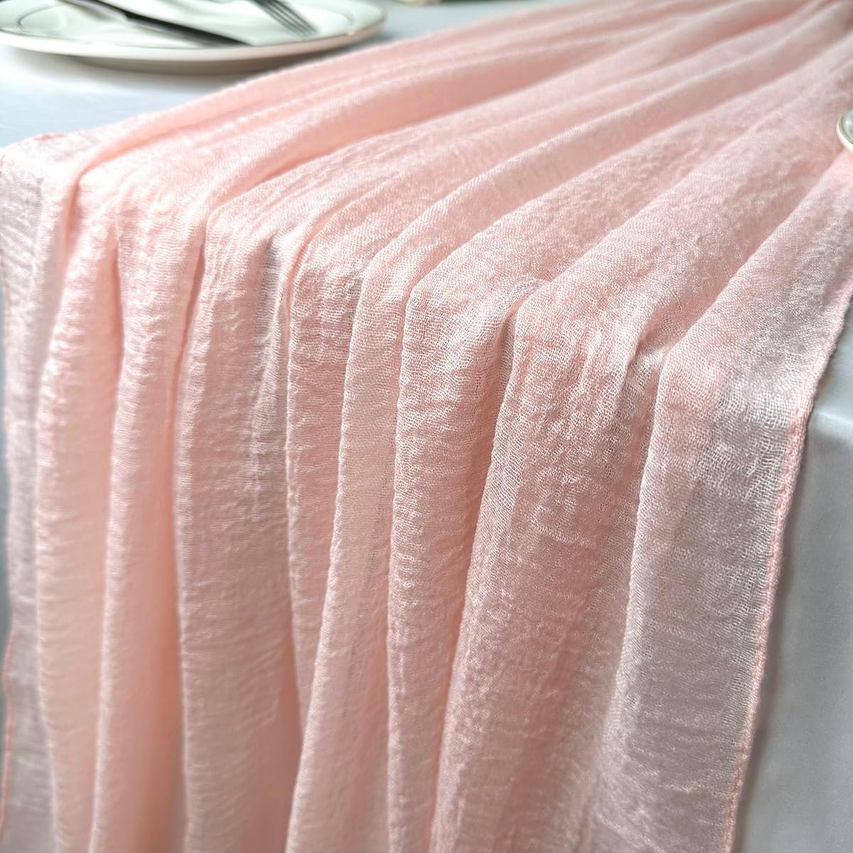 Booque Valley Pink Table Runner 10ft Boho Cheesecloth Super Soft Seersucker Gauze for Wedding Bridal Shower Baby Shower Birthday Party Decoration Centerpiece Table Decor, 6 Pack, Blush Pink
