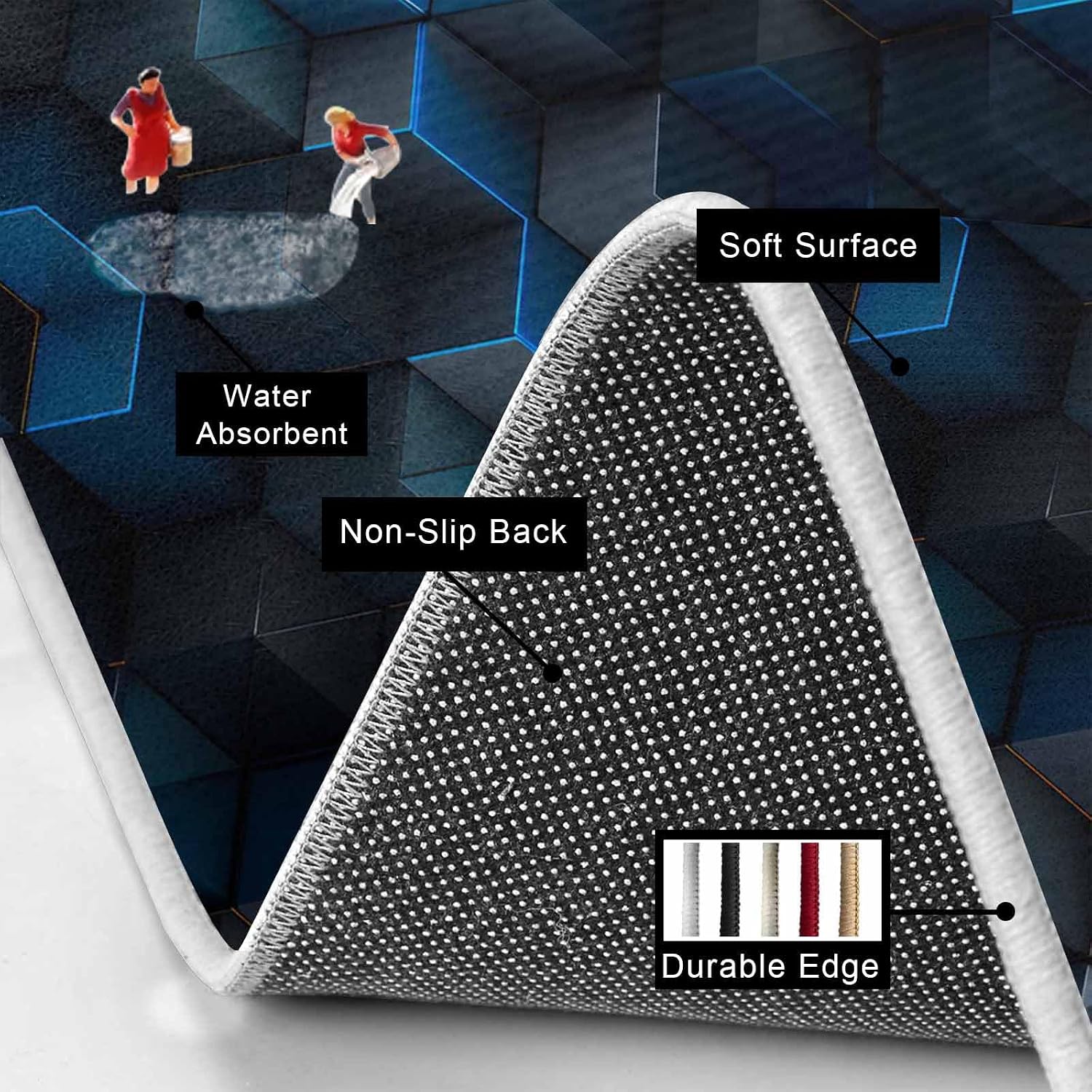 Blue Square Kitchen Mat Set 2 Pieces Gradient Black Squares Modern Abstract Simple Non Slip Kitchen Rugs Washable Runner Rug Mats for Floor Sink Laundry Office 19.7" x 31.5"+19.7" x 47.2"