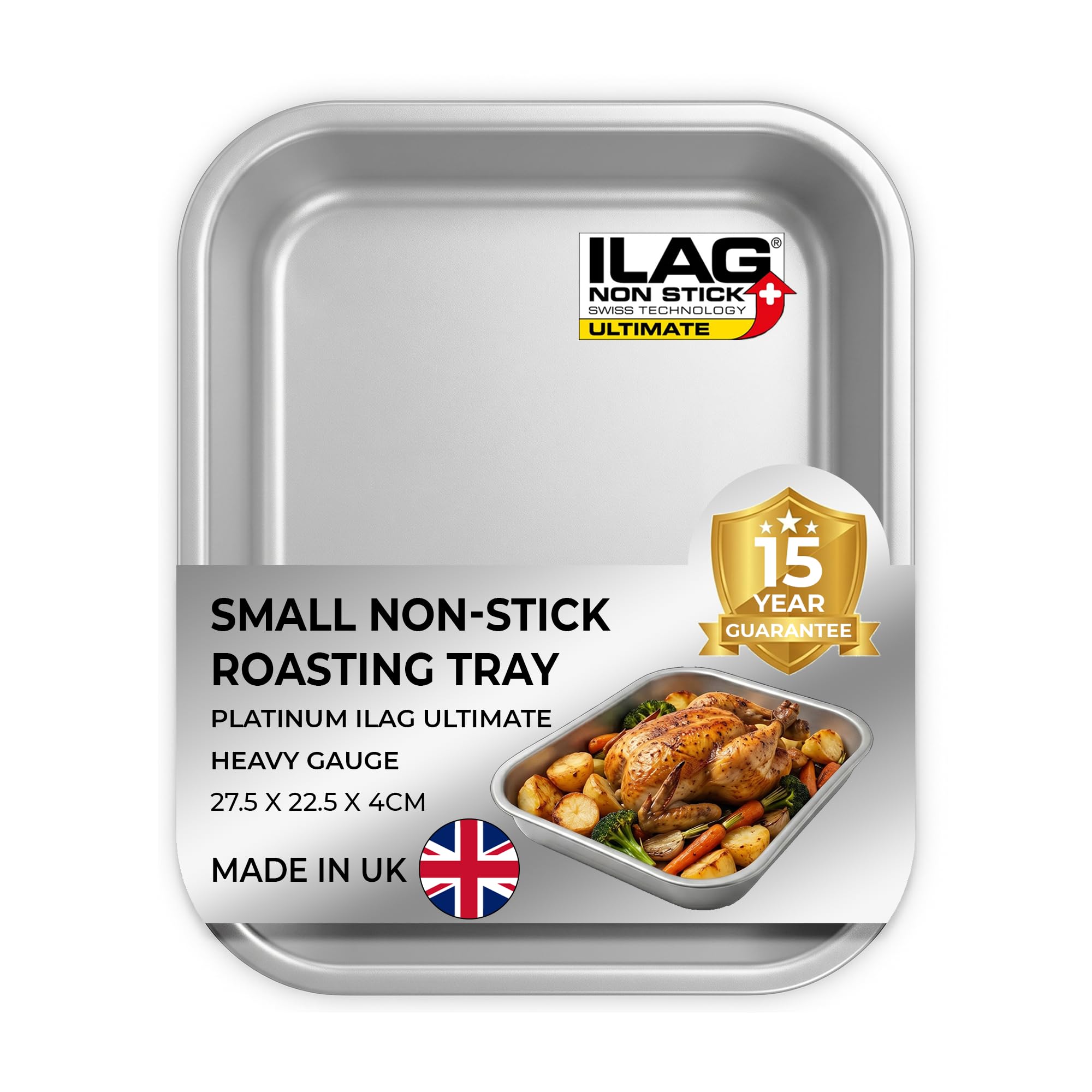 Chabrias Ltd UK-Made Roasting Tray with ILAG Ultimate Non-Stick Coating - 28 x 23 x 4cm - Heavy Duty Carbon Steel Roasting Tin, Deep Oven Tray for Roast Chicken, Meat, Vegetables & Baking - Small 11"