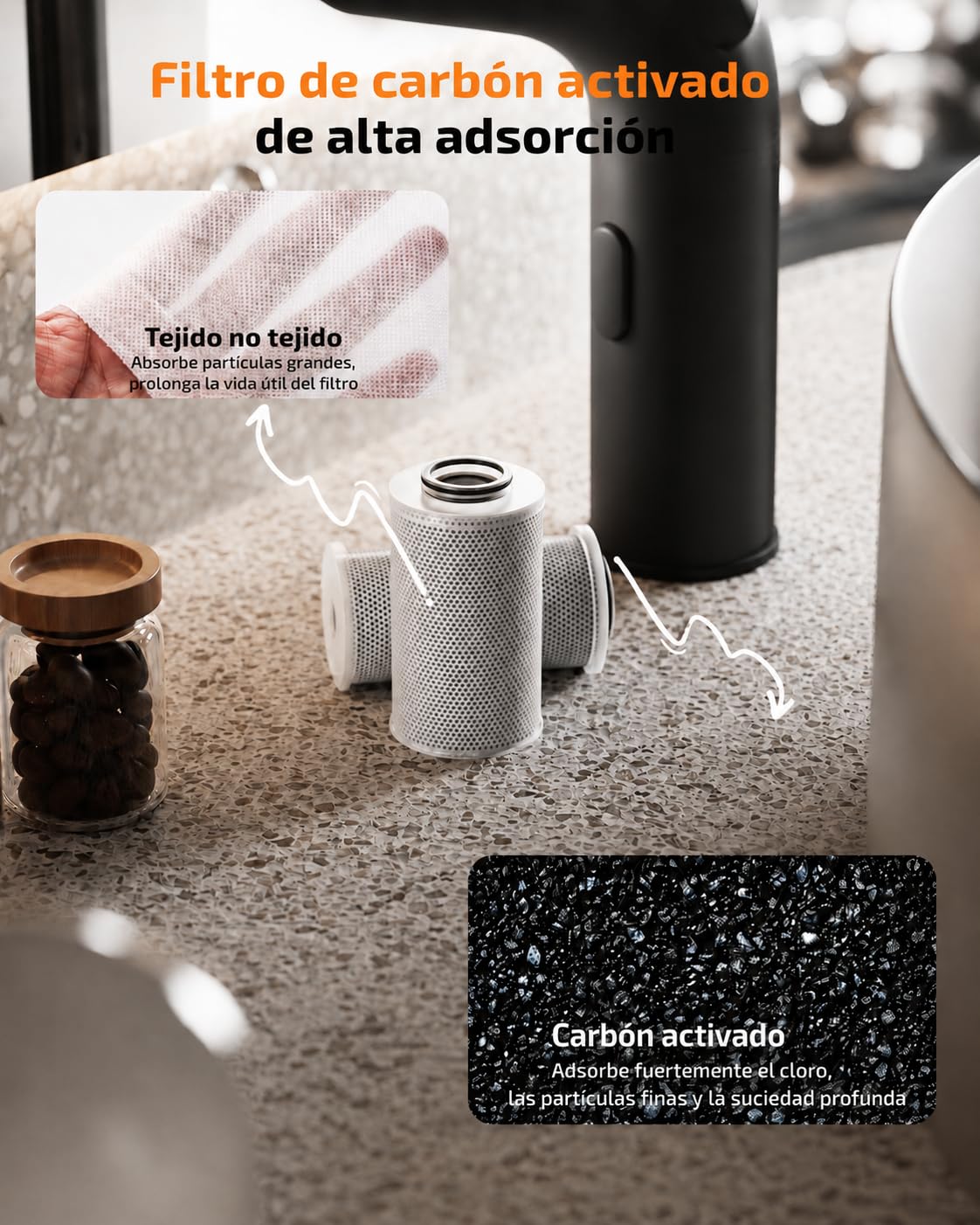 Cobbe Grifo de Cocina con Filtro de Agua, Pulverizador Extraíble, Monomando Giratorio de Caño Alto, Ayuda a Reducir Plomo, Cloro, Mal Sabor y Olores, 3 Filtros de Carbón, Negro
