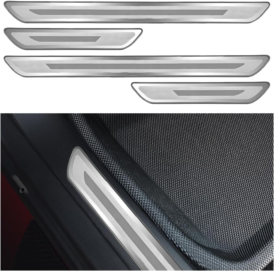 Craedli 4PCS Car Door Sill Protector, Stainless Steel Car Front & Rear Doors Threshold Anti-Scratch Decoration Strip, Self-Adhesive Auto Door Entry Scuff Plate for Most Cars Truck SUV(Silver-Polished)