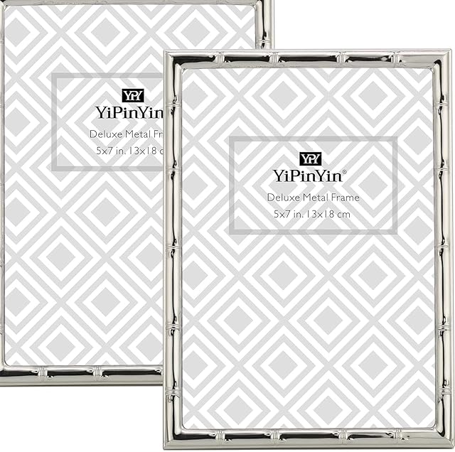 YiPinYin 5x7'' Bamboo Designs Silver Metal Picture Frame 2pack, Elegant Silver Plated Photo Frames 5x7'' With Soft Touch Velvet Backing for Desktop and Wall Décor