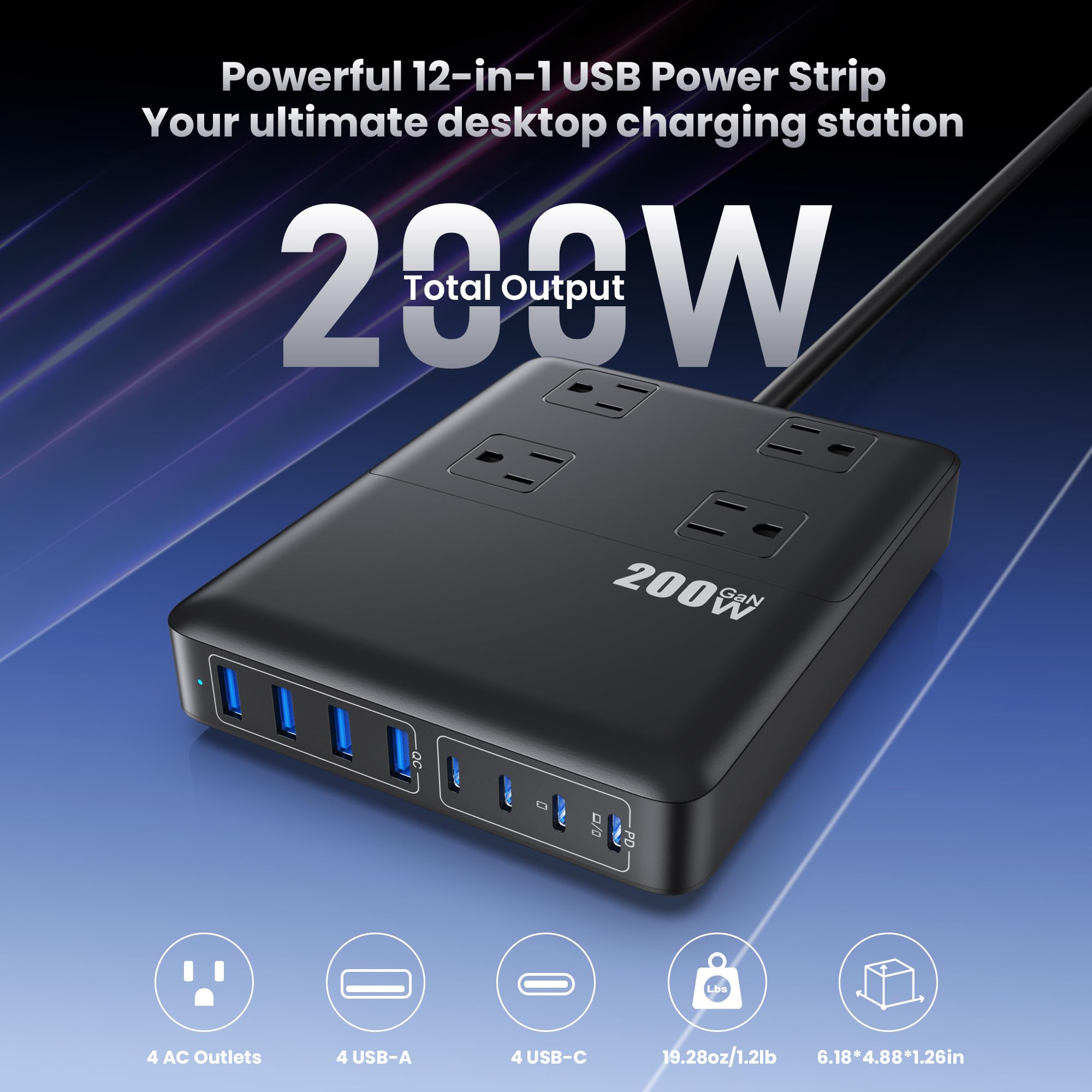 Stacja ładująca 200 W, listwa zasilająca 12 w 1 USB C z płaską wtyczką i przedłużeniem 1,5 m, 4 x gniazdo AC, 4 x USB-A, 4 x USB-C do iPhone'a 17/16/15, szybka ładowarka do laptopa PD 65