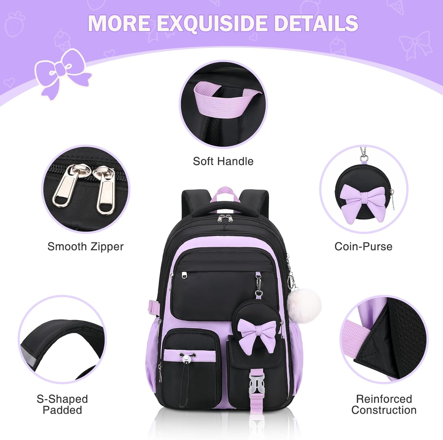 4PCS Girls Backpack for School, Kids Backpack for Girls with Lunch Box and Pencil Case, Girl Bookbag Schoolbag for Preschool Elementary Primary Middle School - Image 4