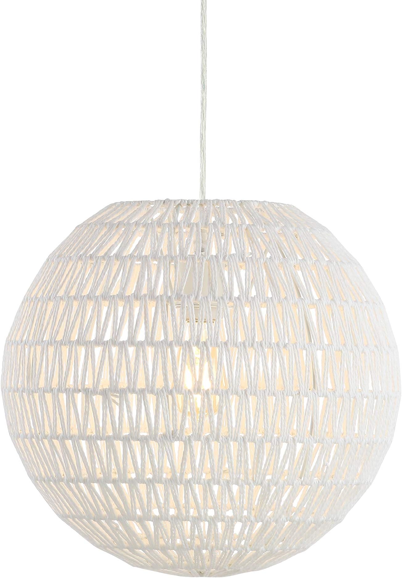 JONATHAN Y 15.7" White Modern Bohemian Woven LED Pendant Light, Adjustable Hanging Ceiling Lamp for Kitchen Island Dining Room, Paper Wicker Shade, Bulb Included JYL6503A