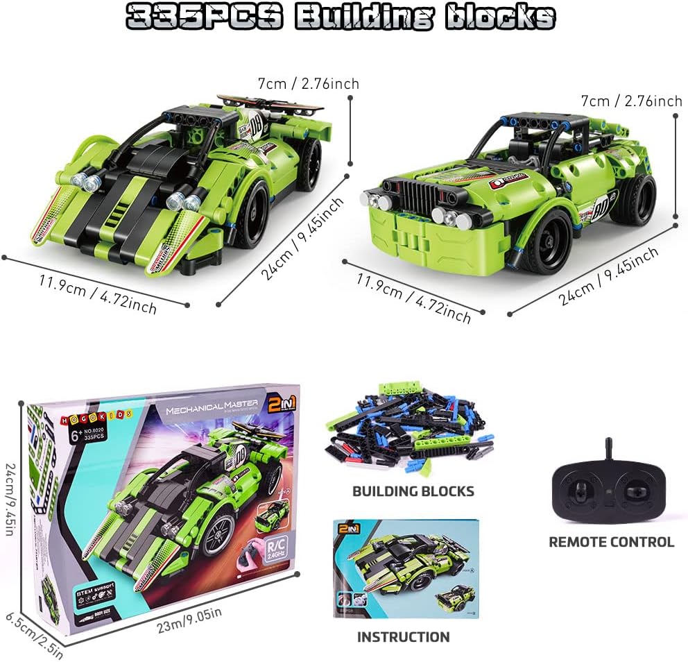HOGOKIDS STEM RC Building Toy Ages 6-12 | 2 in 1 Tech Vehicle Racing Car Kit | 2.4GHz 335 Pieces Construction Building Block Toy | Gift for 6 7 8 9 10 Years for Boys