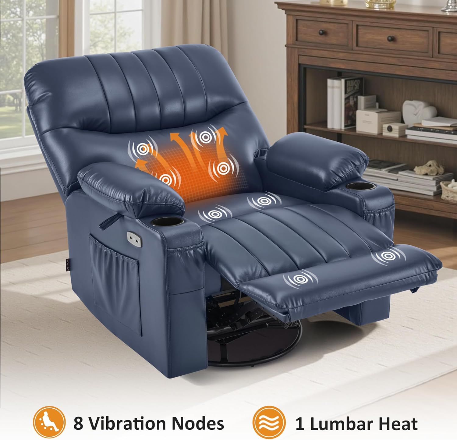 MCombo 7785 recliner with visual indicators for 8 vibration nodes and 1 lumbar heat zone.