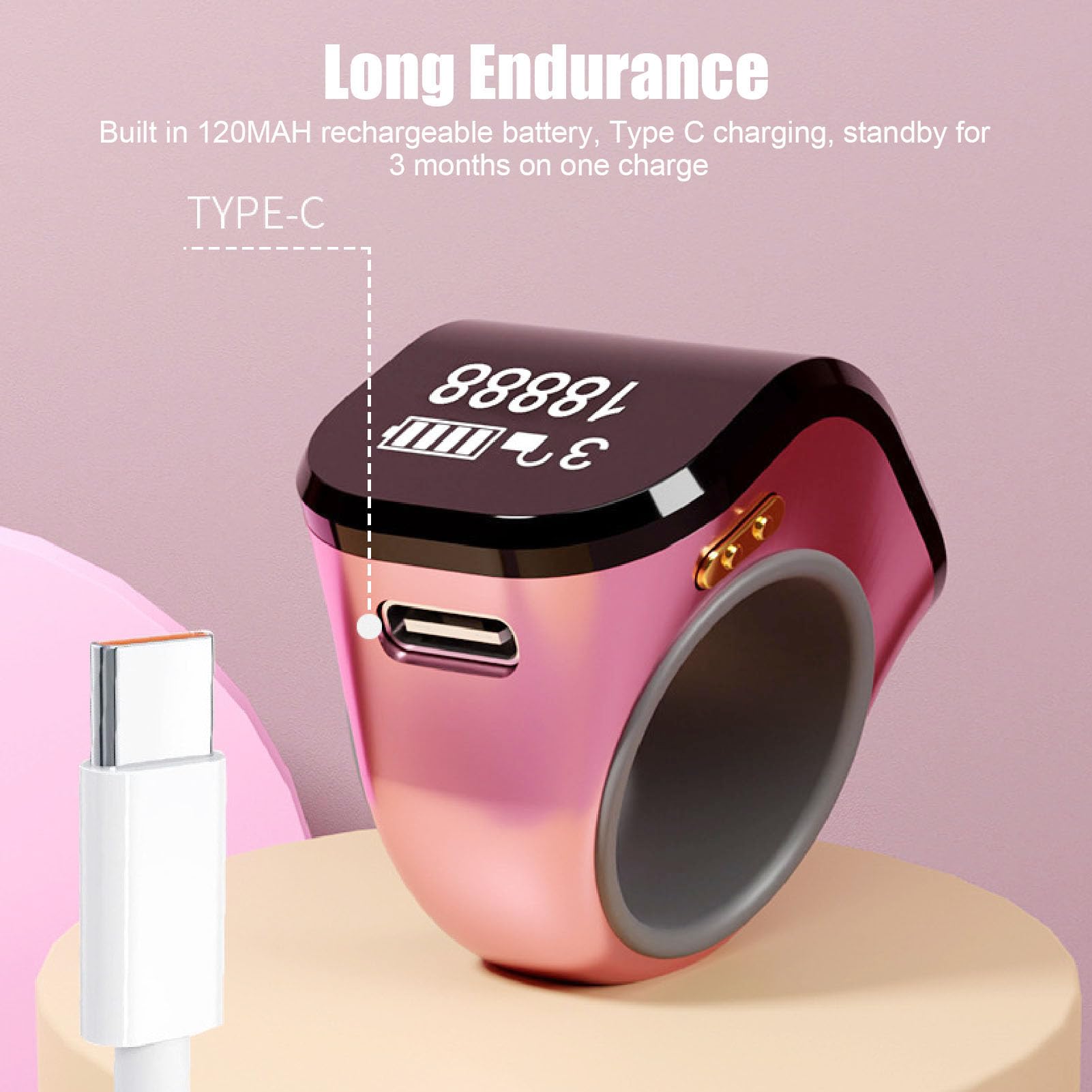Anneau Smart Tasbih Zikr, Clear LCD Display Ring Dinger Counter Intelligent Touch Digital Counter Prayer Rappel (Or Rose)