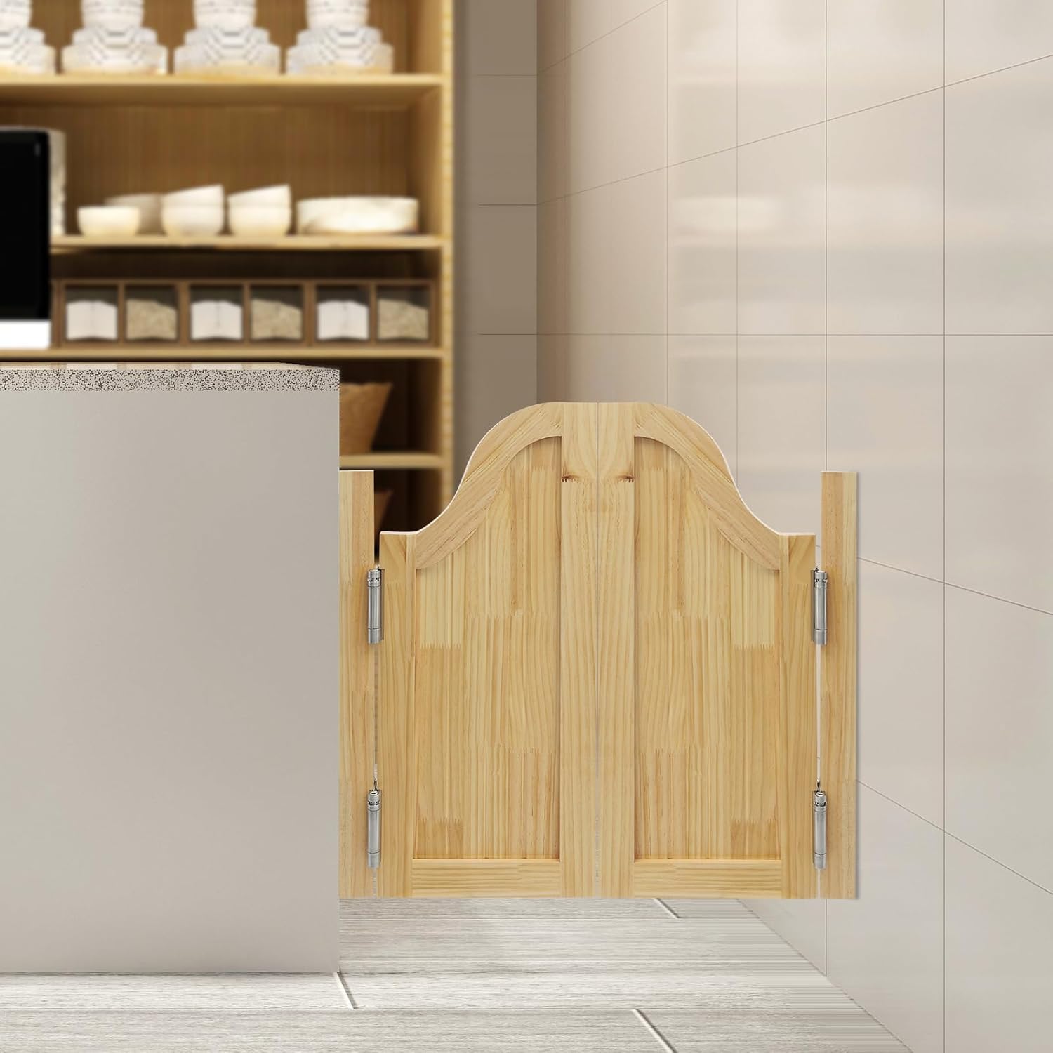 Swinging Doors Premade Interior Doors Thick Pine Wood Cafe Door Arched Top Saloon Door Double Action Door with Hinges for Inside (27.5x27.5in-Wood)
