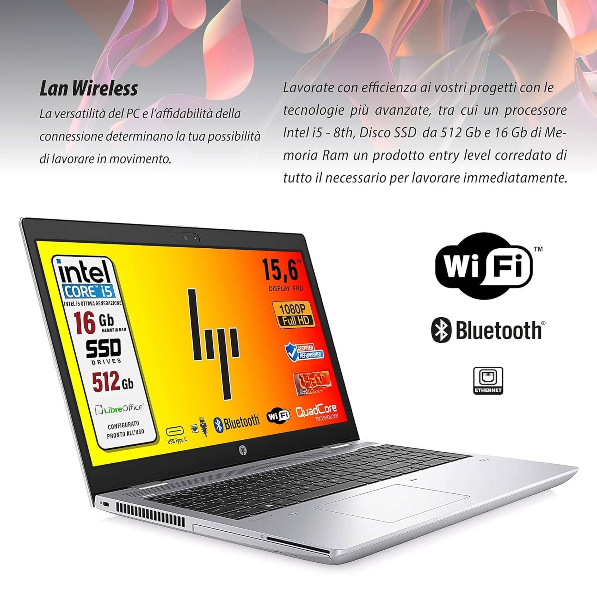 HP ProBook 650 G5 Intel i5-8250U Intel Core i5 de 8 générations 15,6" HD Libre Office, RAM 16 Go SSD 512 Go, 3 x USB 3.0, 1 x HDMI, Wi-Fi, W11 (reconditionné)