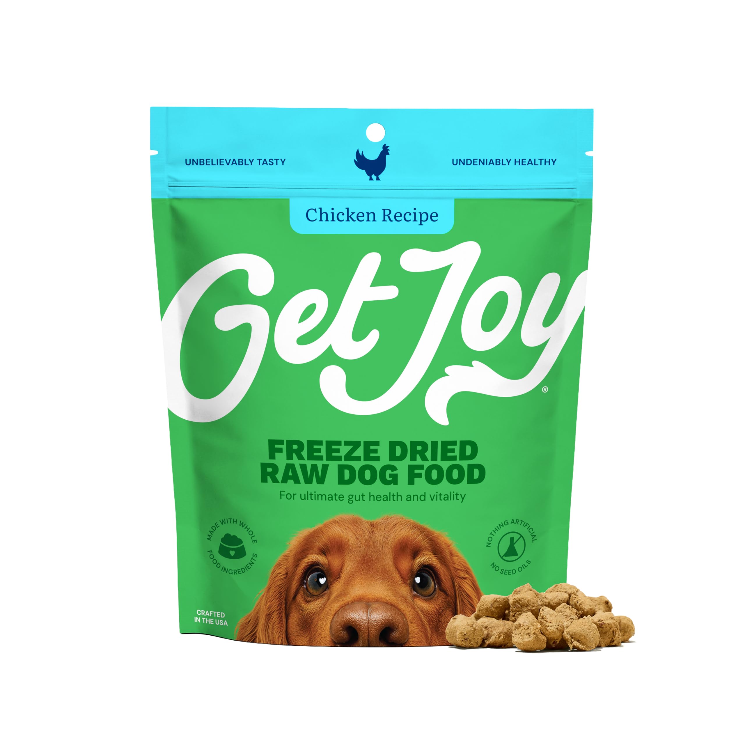 Get Joy Freeze Dried Raw Dog Food, Chicken, Meal or Topper, 4 oz | Complete raw meal or high protein topper for picky eaters. Small to large dogs. Prebiotics and probiotics for gut health., Chicken, 4 Ounce (Pack of 1)