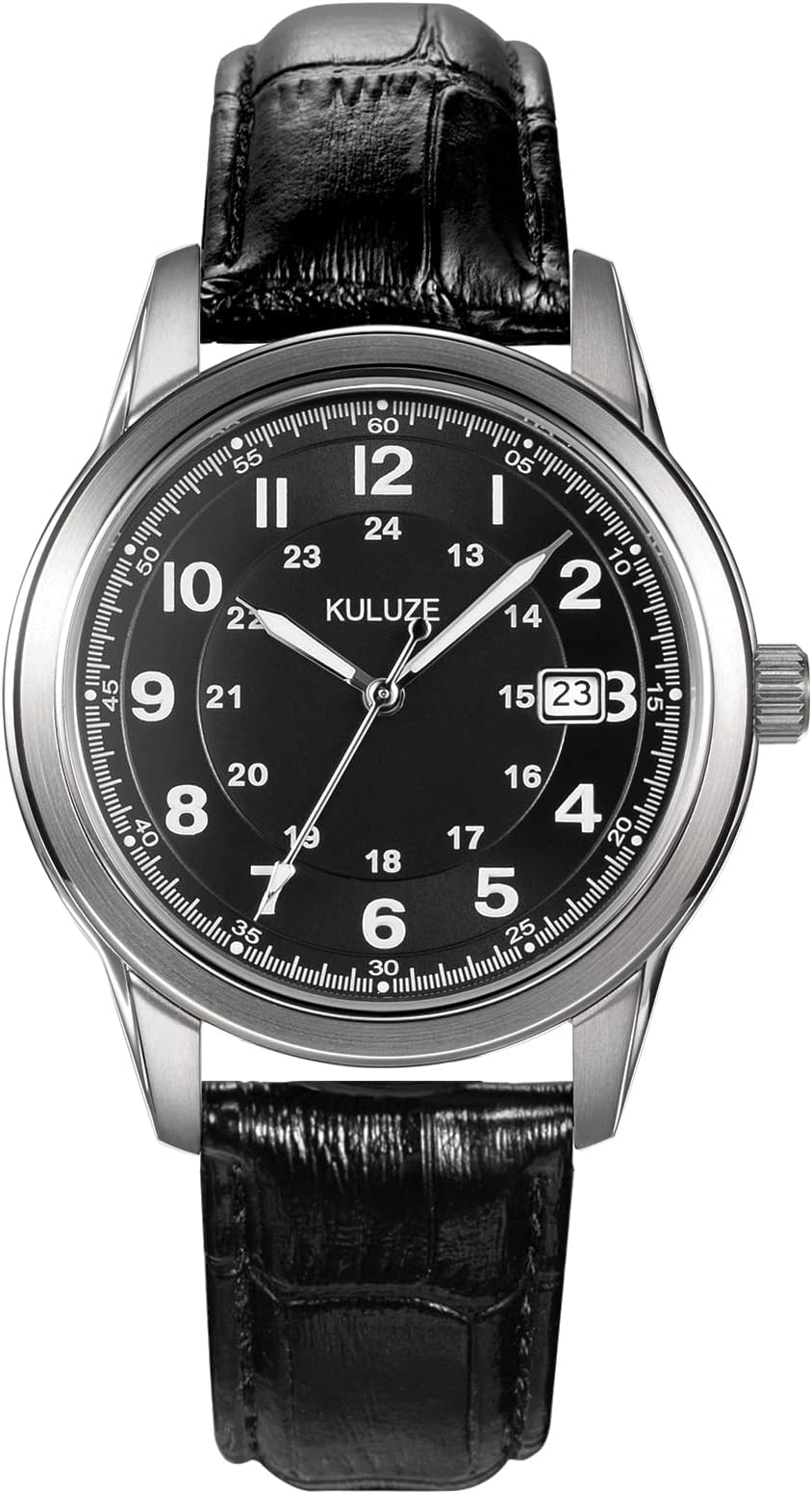 KULUZEClassic Retro Aviator Mens Titanium Genuine Leather FashionWatch Sapphire Glass with Luminous Hands Date Pilot Watch with