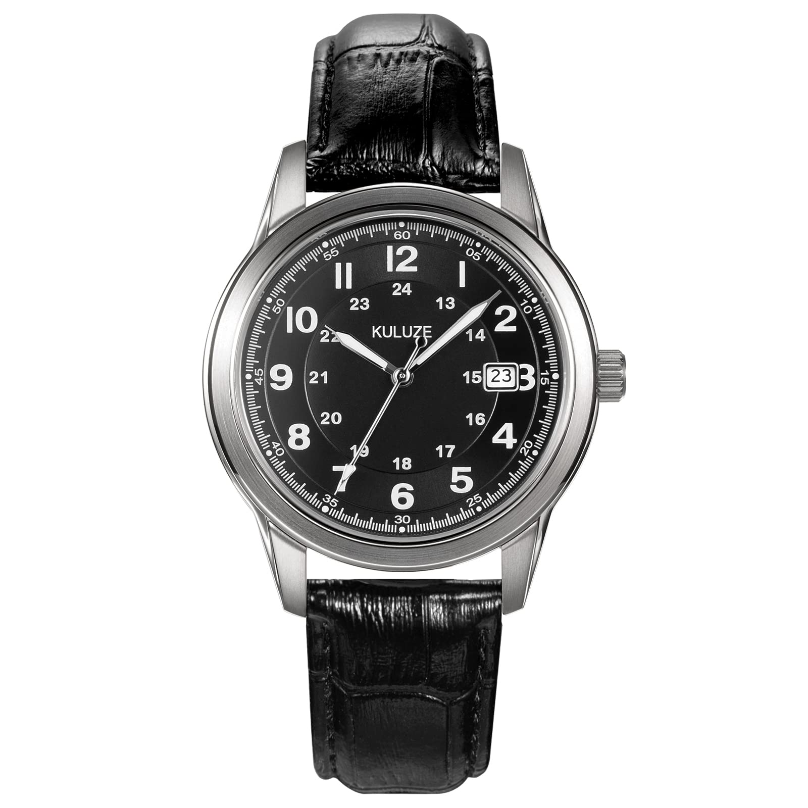 KULUZEClassic Retro Aviator Mens Titanium Genuine Leather FashionWatch Sapphire Glass with Luminous Hands Date Pilot Watch with