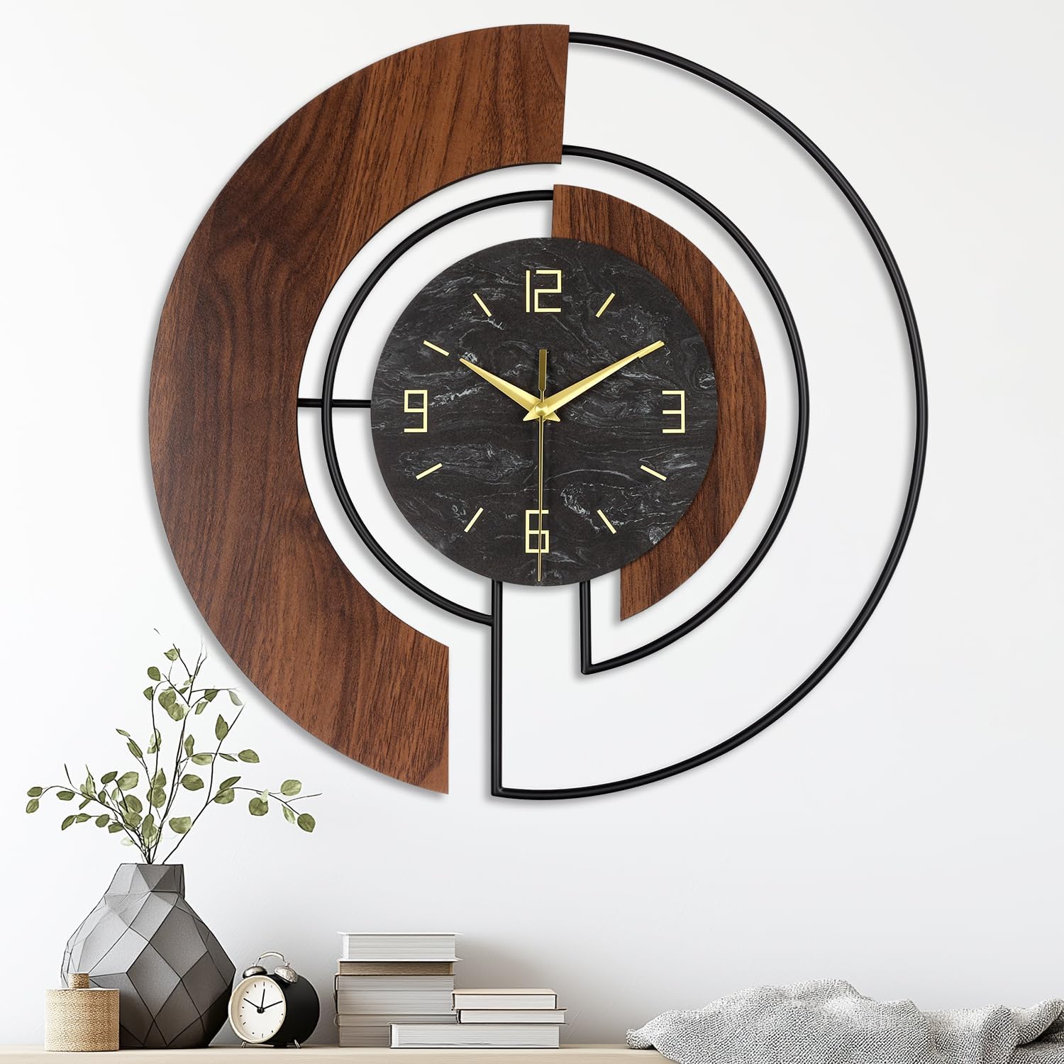 Modern Large Wall Clock - 24” Silent Battery Operated Decorative Clock with Wood and Metal Frame, Non-Ticking for Living Room, Office, Bedroom, or Entryway Wall Decor