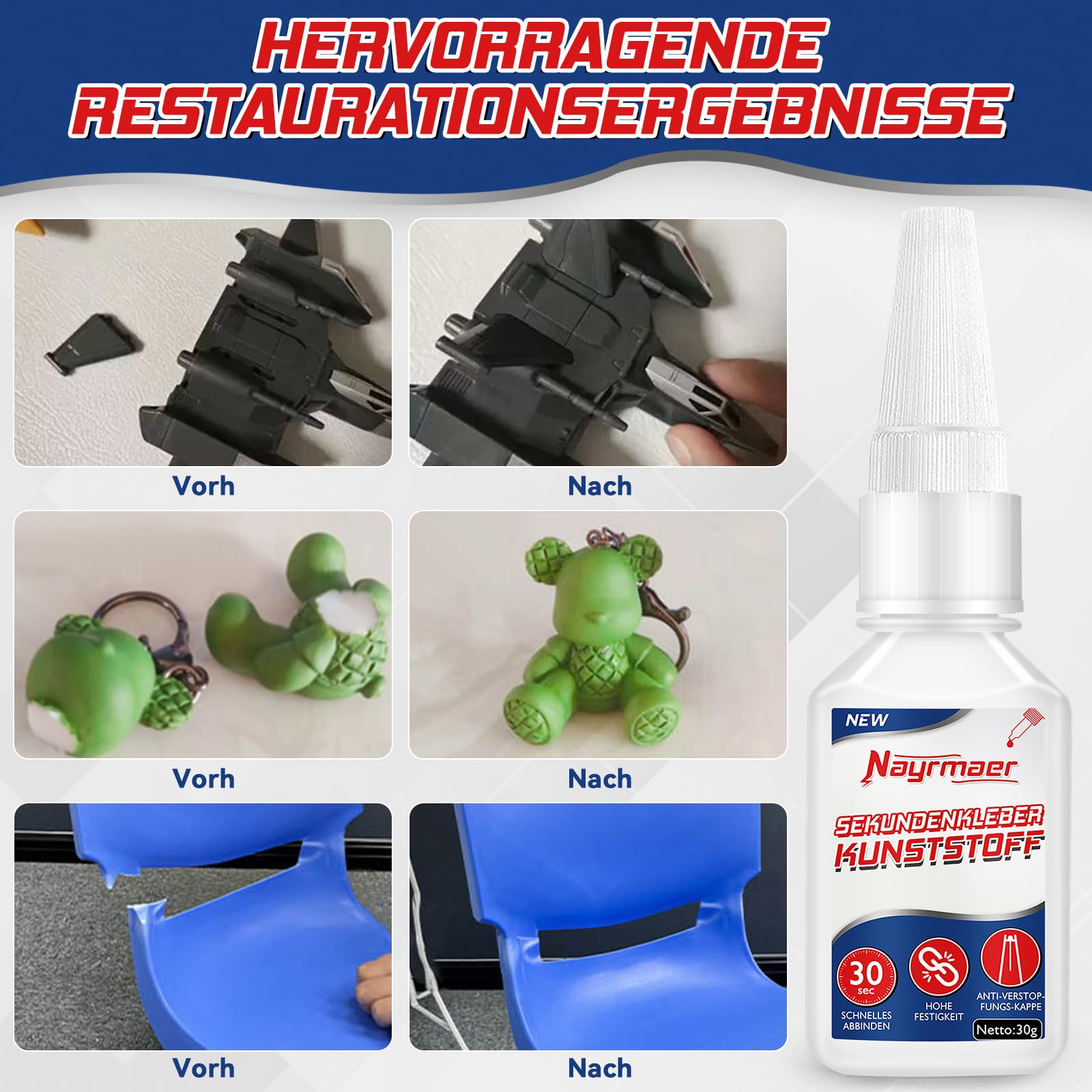 Klej do tworzywa sztucznego, ekstramocny, 60 g, klej modelarski z nasadką zapobiegającą zapchaniu, wodoodporny klej do plastiku do klejenia wszystkich tworzyw sztucznych