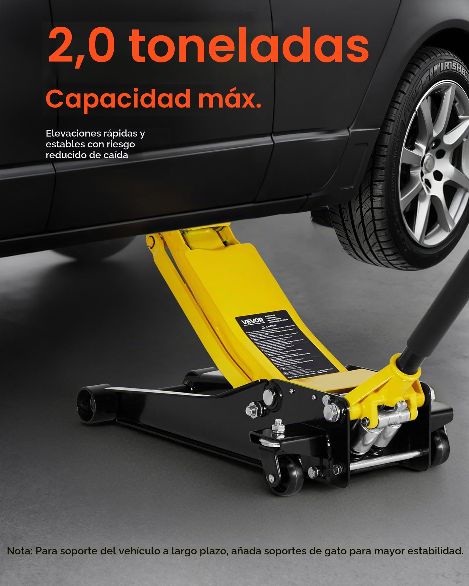 VEVOR Gato Hidráulico de Perfil Bajo Capacidad de 2 T, Gato de Acero para Coches con Bomba de Doble Pistón, Rango de Elevación de 75 a 505 mm, para Automóviles, Vehículos, Autos Deportivos, Camiones