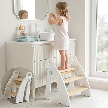 Wooden 3 Step Stool for Kids Bathroom Sink Foldable Anti-Slip, Child Stepping Stool for Kitchen Nursery Bedroom, Sturdy Non Slip Adult Stool for Closet