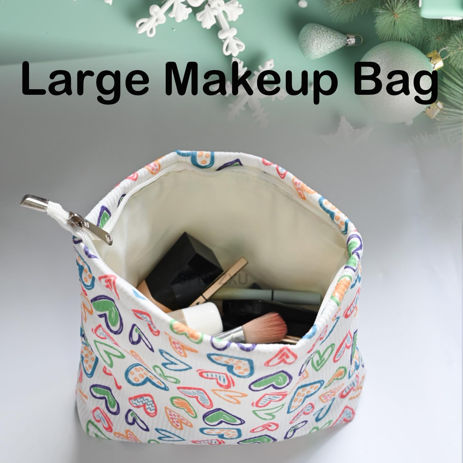 1 Pcs Makeup Bag, Heart pattern Cosmetic Bags, Cute Preppy Aesthetic Travel Toiletry Zipper Pouch Organizer, Cosmetic Bag for Skincare & Brushes，Corduroy Cosmetic Pouch image 3