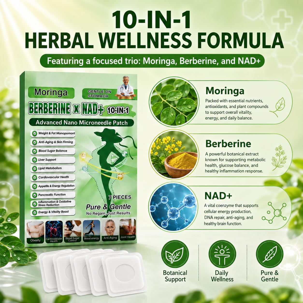 Moringa patchs, Natural Herbal Body Patch with Botanical Ingredients, Support Daily Wellness & Body Management for Women & Men, Ultra-Thin Skin-Friendly Design, （1 Boxes）