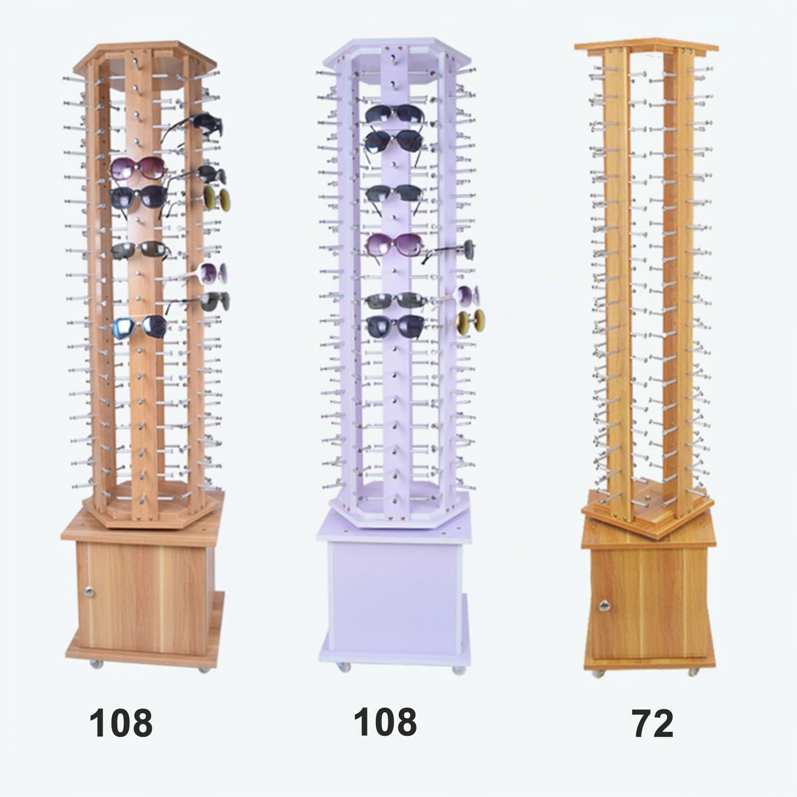 Présentoir de Rangement pour Lunettes Rotatif sur Pied avec roulettes, 72/90/108 Paires Organisateur de Rangement Moderne pour Lunettes de Soleil, Support Suspendu pour Lunettes Commerciales