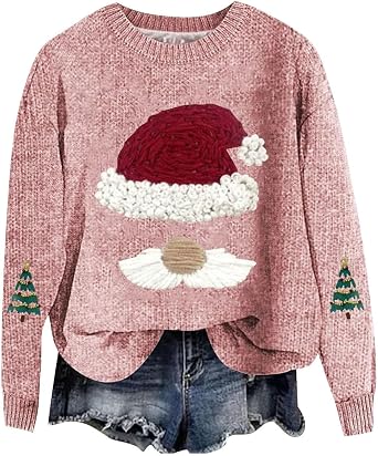 Christmas Sweaters for Women Cute Santa Xmas Crewneck Sweatshirts Funny Holiday Long Sleeve Knitted Tops