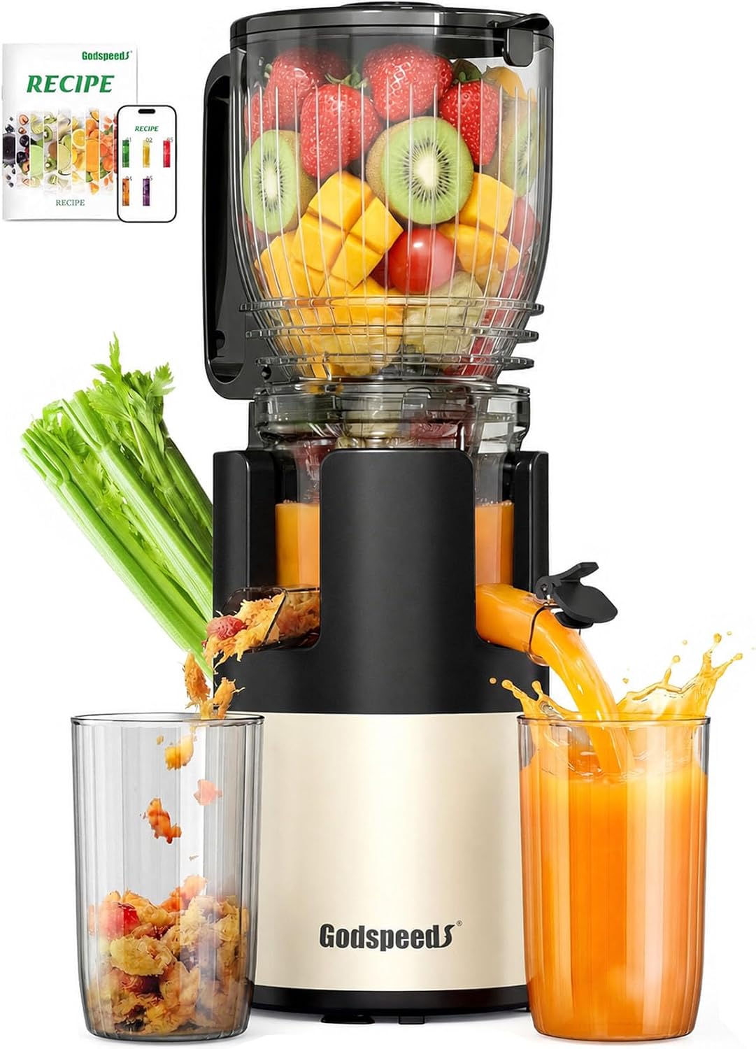 Godspeeds Cold Press Juicer Machine, 5.8-Inch Wide Feed Chute, White | White Cold Press Juicer for Whole Fruits, Easy Cleaning, and Daily Wellness Juice Routines