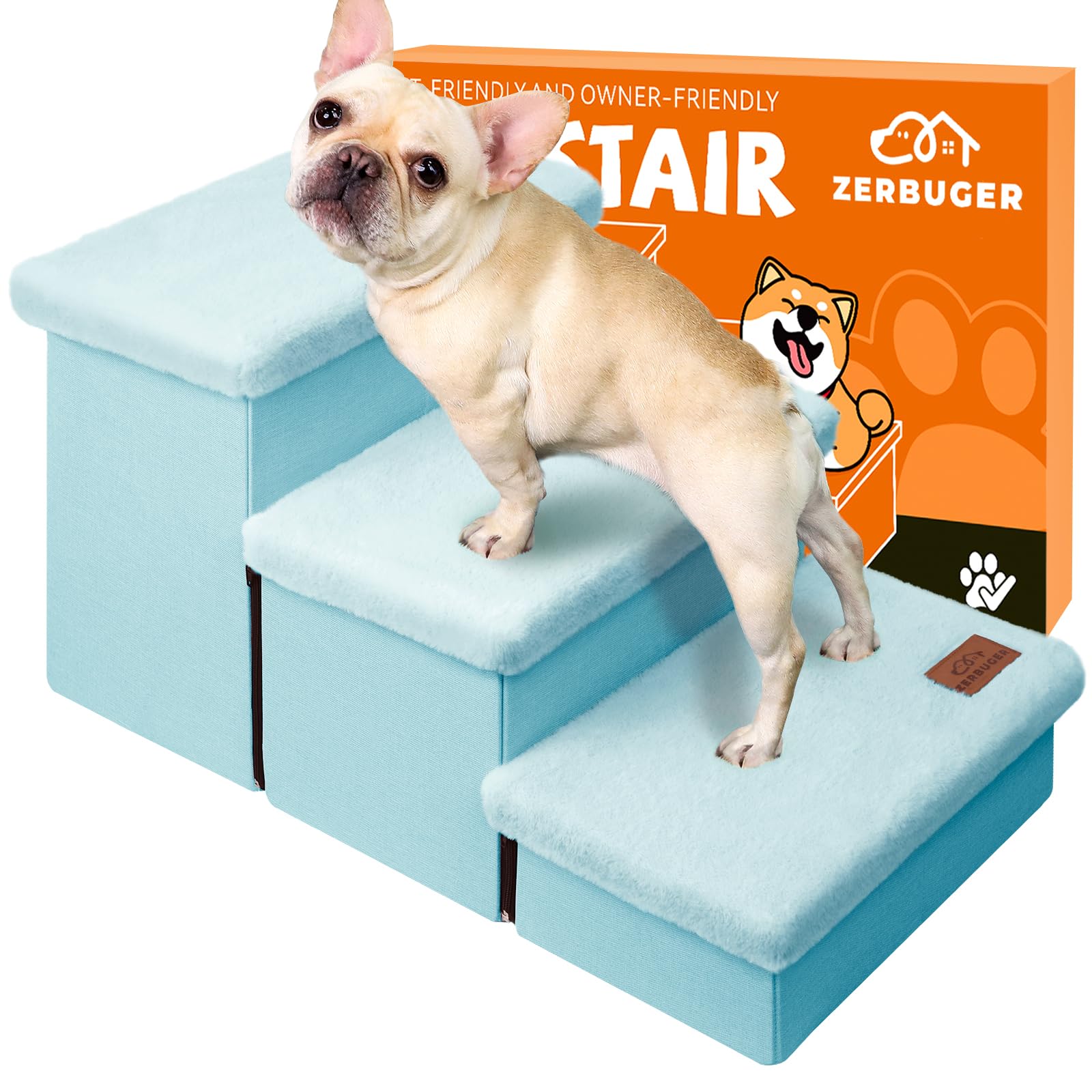 Zerbuger Dog Stairs with Storage, Baby Blue Furry Lids 3 Steps Dog Ramp