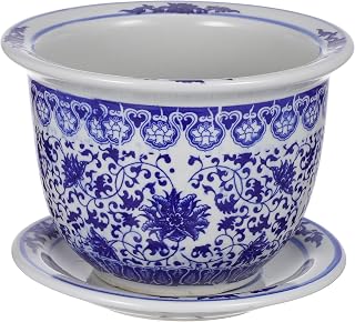 BESPORTBLE Chinoiserie White and Blue Planter: Chinese Ceramic Flower Pots Oriental Planter Pot Japanese Style Plant Holder Succulent with Trays Balcony Yard Home Decoration DIY