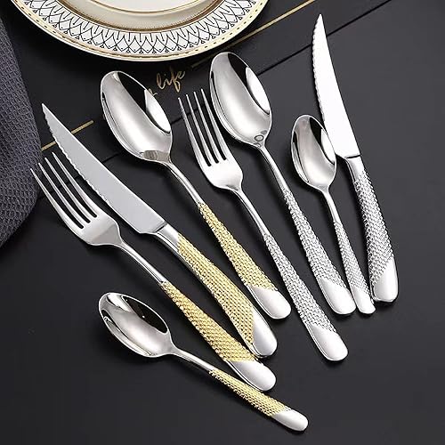 Miniatura 5 de Juego de cubiertos martillados de acero inoxidable de 48 piezas para 12 juegos de cubiertos para cocina, boda, restaurante, incluye tenedores,