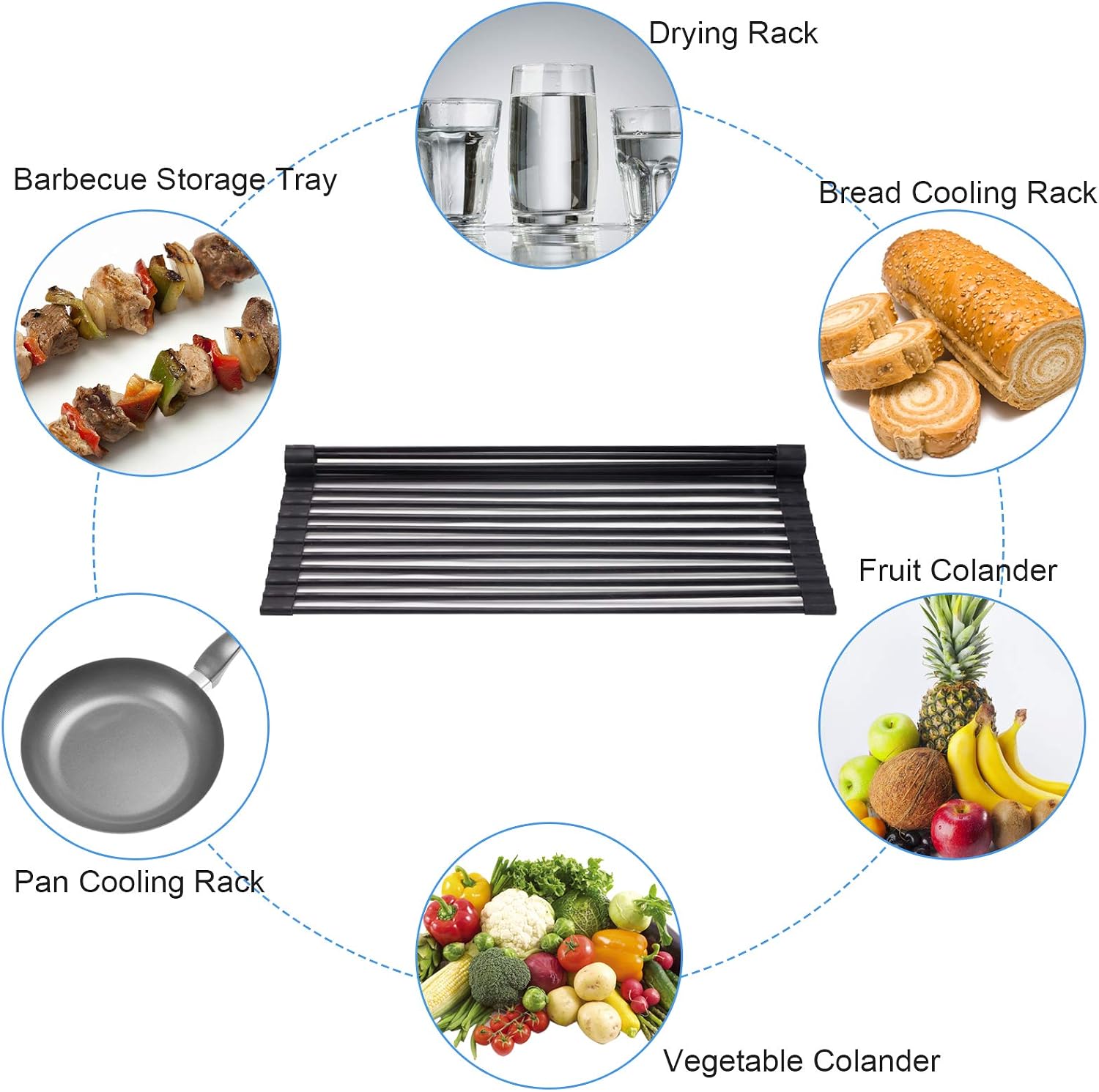 Denkee Roll Up Dish Drying Rack, 18 x 15 inch Sink Dish Drying Rack, Heavy Duty Foldable Multipurpose Silicone-Coated Stainless Steel Roll-Up Dry Rack, Portable Versatile Kitchen Dish Rack (Black)