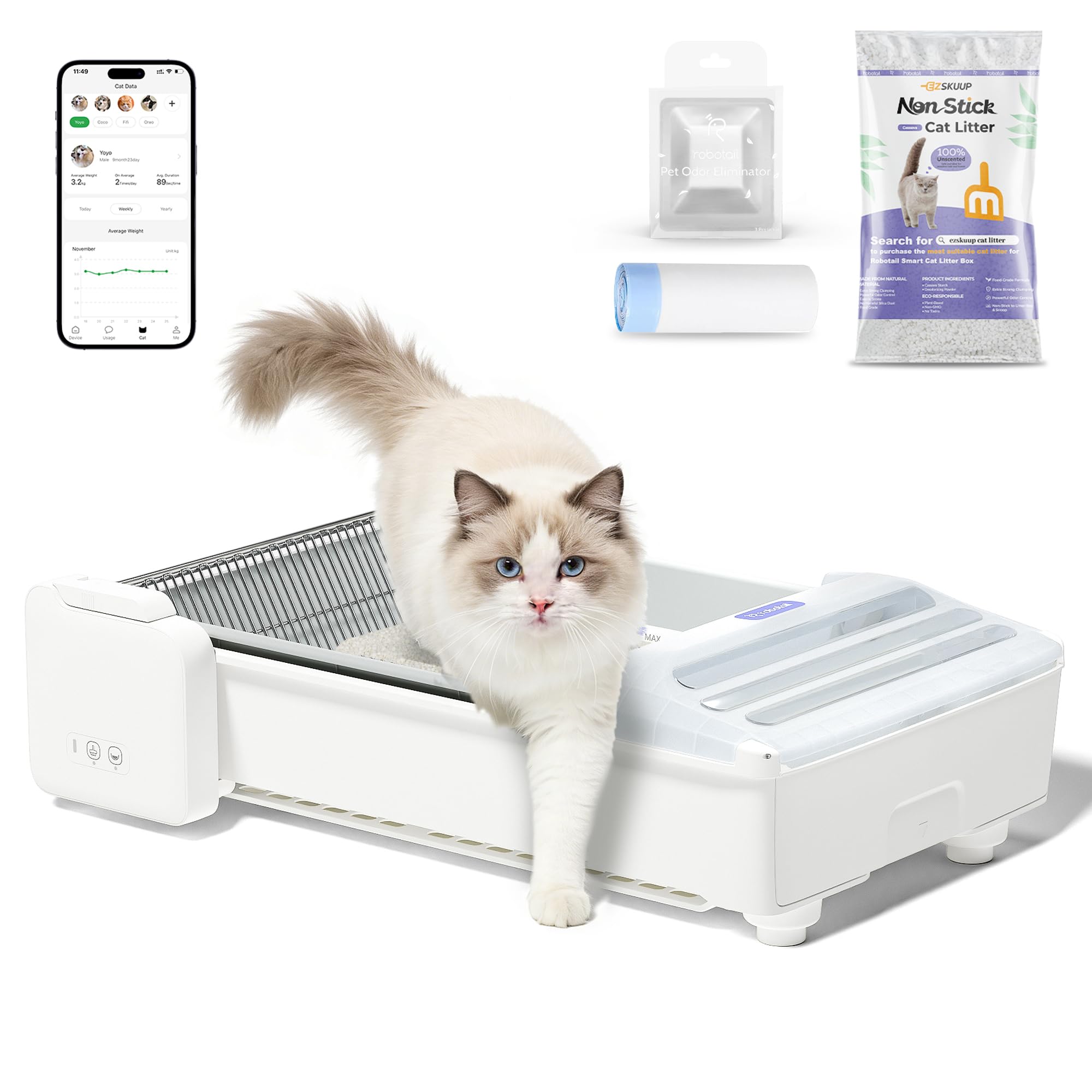 Robotail Open-Top Self Cleaning Litter Box, 2026 Upgraded Extra Large Automatic Cat Litter Box for Multiple Cats, Safety Sensors/App Control/Odor