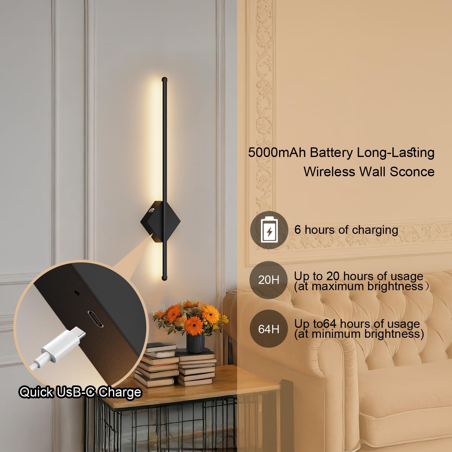 Wireless Wall sconces Set of Two，Battery Operated Wall Sconce Easy to Install with Remote Control，3000-6000K Dimmable Rechargeable Wall Sconces，Decor for Bedroom Living Room Hallway（Gold）