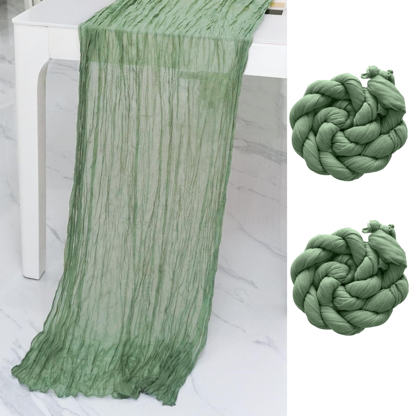 CyanCloud Cheesecloth Table Runner 2 Pack Sage Green Wedding Table Cover Decor Arch Draping 35 x 157 Inch Gauze Fabric Table Runner Long Boho Party Weddings Holiday Kitchen Table Decorations