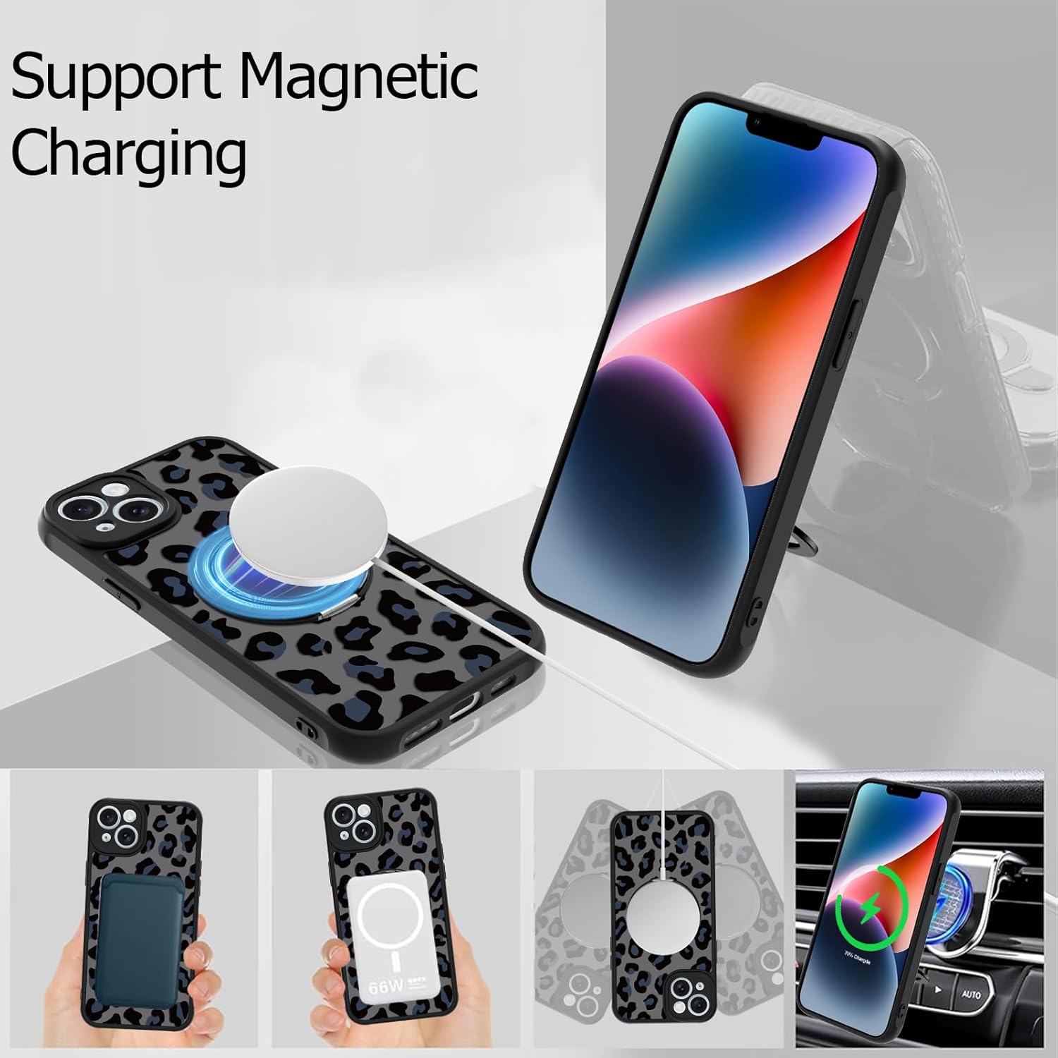 Fiyart Designed for iPhone 14 Case Ring Holder Kickstand Magnetic Bumper Compatible with MagSafe Camera Lens Protection for Women Men Cheetah Print 6.1"-Black - Image 4