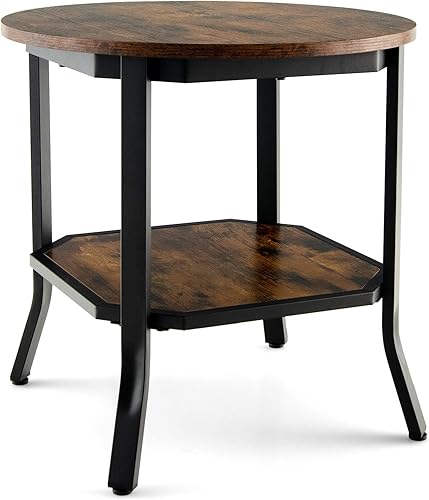 Miniatura 8 de Tangkula Mesa auxiliar redonda vintage, mesa auxiliar industrial de 2 niveles con estante de almacenamiento y marco de acero, mesa de té compacta