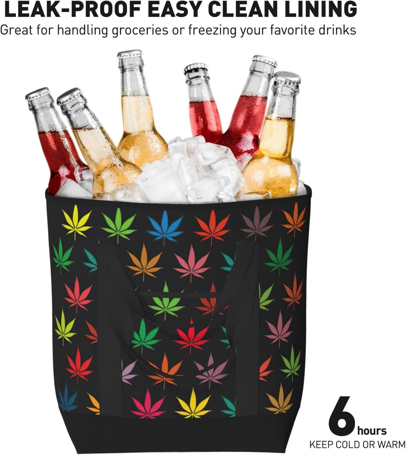 Colorful Leaves Print Large Cooler Bag Tote Bag,Reusable Grocery Bag,Lunch Box Bag, For Picnic Beach Camping