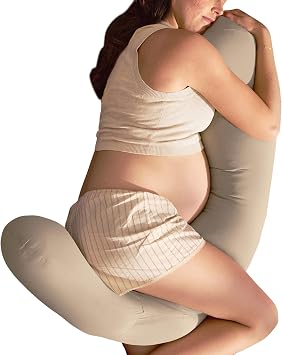 Frida Mom Compact Support 4-in-1 Pregnancy Pillow, Cooling Pregnancy Pillow, Twist & Bends into 4 Shapes for Comfort & Full Body Support, Compact Storage, Easy to Clean, Breathable, Storage Bag, Taupe