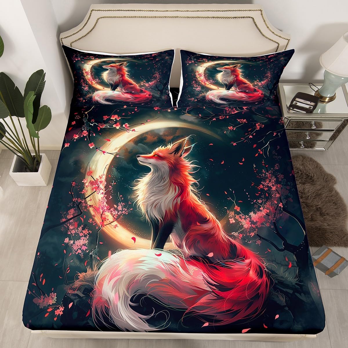 Exotic Fox Fitted Sheet Queen for Boys Kids Teens Bedroom,Traditional Japanese Cherry Blossom Bedding Set(No Top Sheet),Boho Wildlife Bed Sheet,Gothic Moon Sky Bed Cover,2 Pillowcases