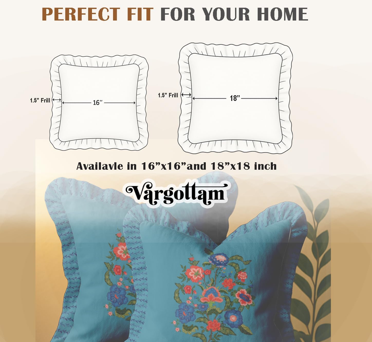 Cotton Twill Frill Cushion Covers 16 Inch Square, Set of 2, Reversible Print, Farmhouse Throw Pillow Covers with Hidden Zipper - Floral Print