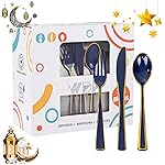 WDF 180PCS Blue Plastic Silverware -Blue and Gold Plastic Cutlery 60 Forks, 60 Knives, 60 Spoons - Heavy Duty Disposable Silverware for Party/Wedding/Hanukkah