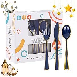 WDF 180PCS Blue Plastic Silverware -Blue and Gold Plastic Cutlery 60 Forks, 60 Knives, 60 Spoons - Heavy Duty Disposable Silverware for Party/Wedding/Hanukkah