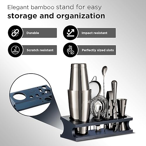 Miniatura 4 de Juego de herramientas de bar negro de mixología con jarra japonesa y soporte - Juego de 13 piezas de acero inoxidable para hacer cócteles -