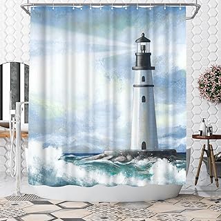 WELMECO Nautical Shower Curtain Ocean Shower Curtain Blue Lighthouse Bathroom Decor Polyester Fabric, 72x72inch - Buy now