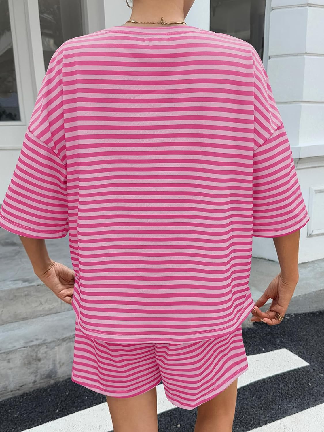 Fisoew Womens Striped 2 Piece Outfits Sweatsuits 3/4 Sleeve Oversized Tops High Waisted Shorts Casual Lounge Sets - Image 5