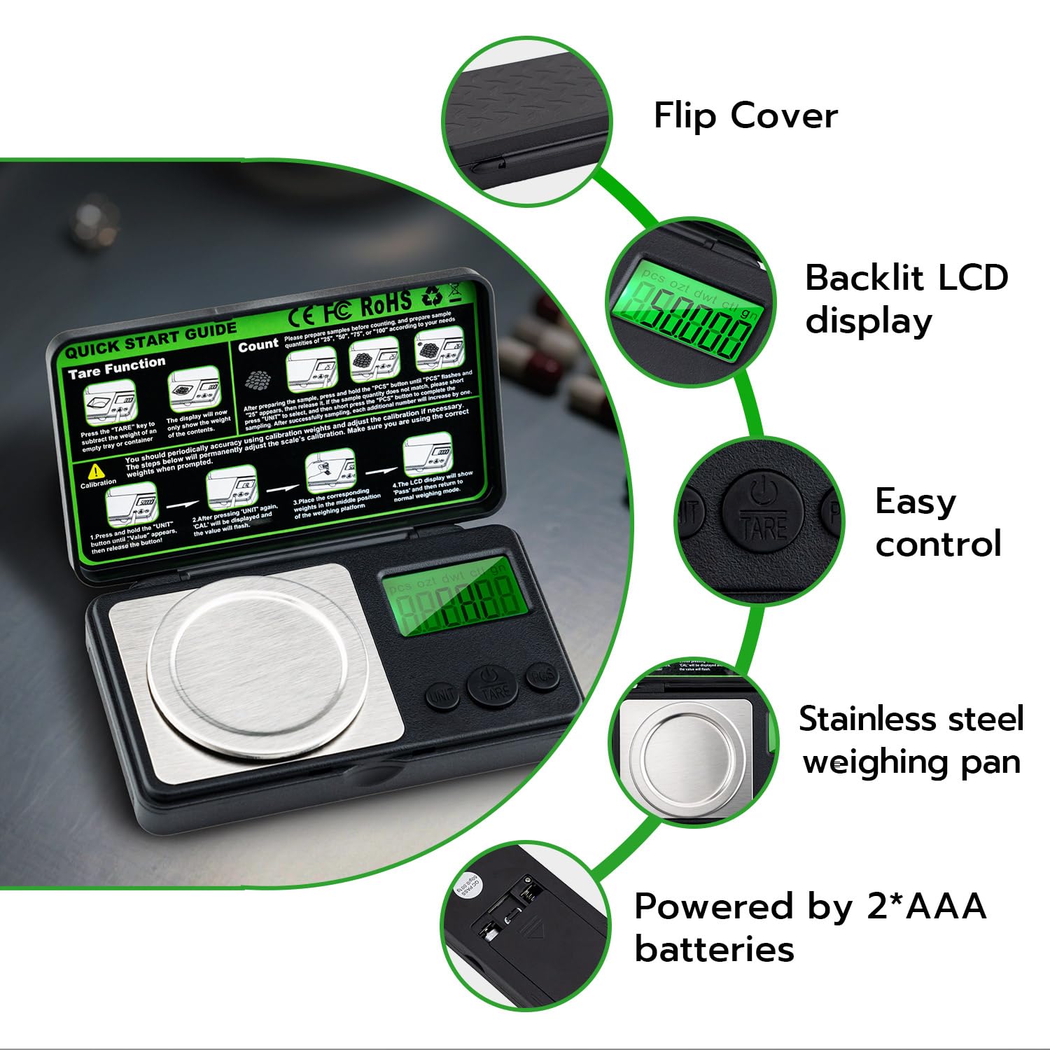 Báscula digital de miligramo de 1.76 oz x 0.00 oz, mini báscula de precisión con función de peso de tara, peso de calibración y pantalla LCD retroiluminada, microbáscula de bolsillo para 2