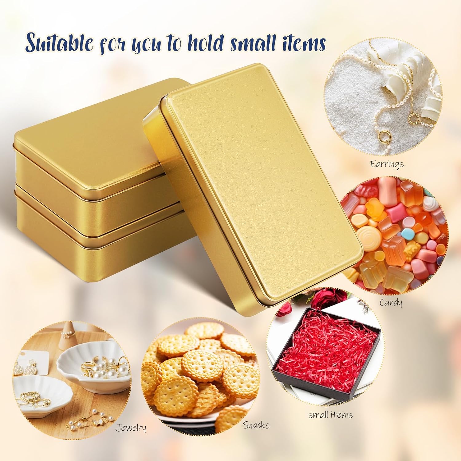 Small Rectangle Tinplate Storage Boxes Sturdy Metal 3pcs with Lid, Golden Color, Simple Appearance Candy or Trinket Containers for Storing Gifts and Rings